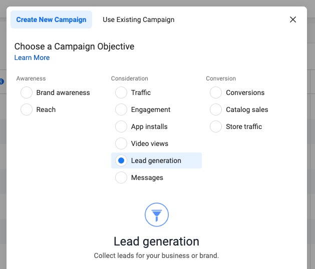 an image of the campaign objective choice while setting up a facebook ad
