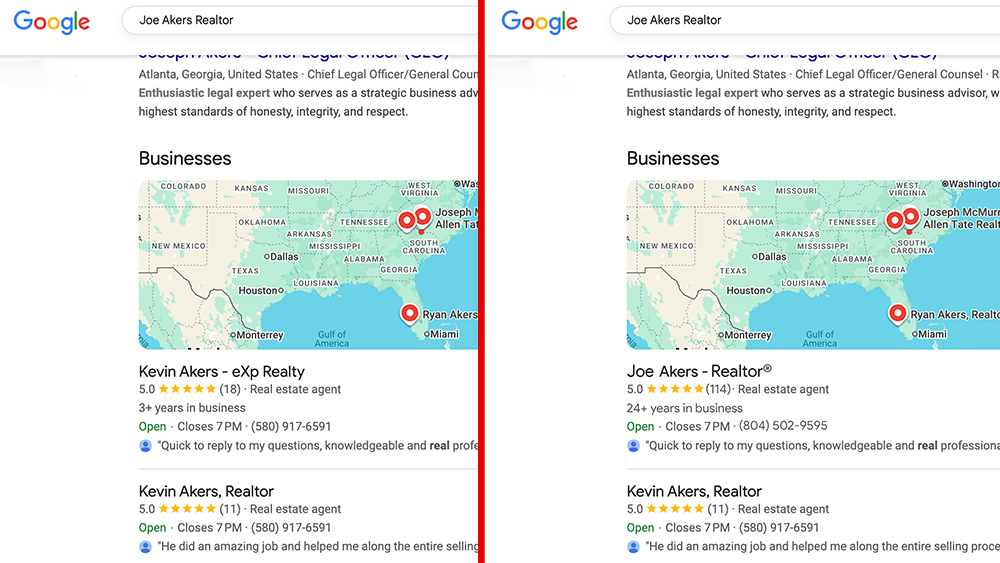 Search result comparison showing a Charlotte business missing from Google and one with optimized local visibility Search result comparison showing a Charlotte business missing from Google and one with optimized local visibility