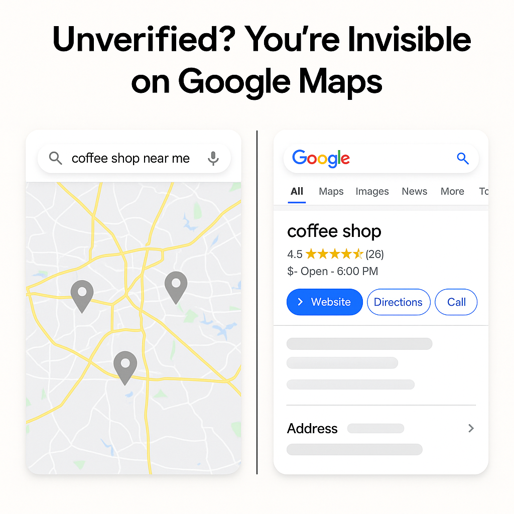 Split screen showing missing business vs verified business in Google Maps Split screen showing missing business vs verified business in Google Maps