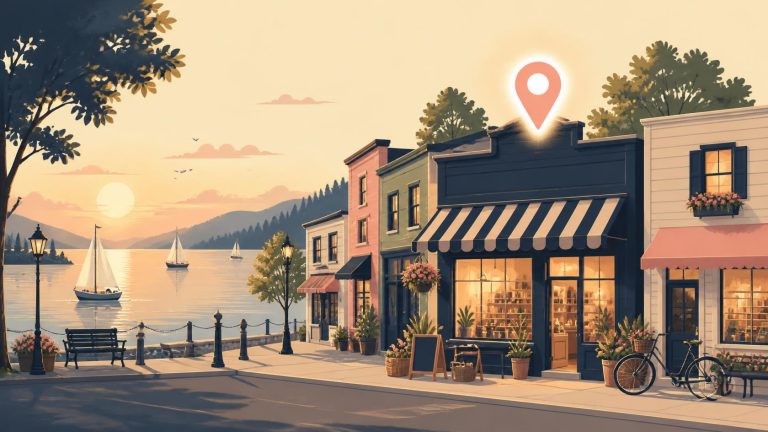 Illustration of a Lake Norman waterfront storefront street at sunset with a map pin above a local shop