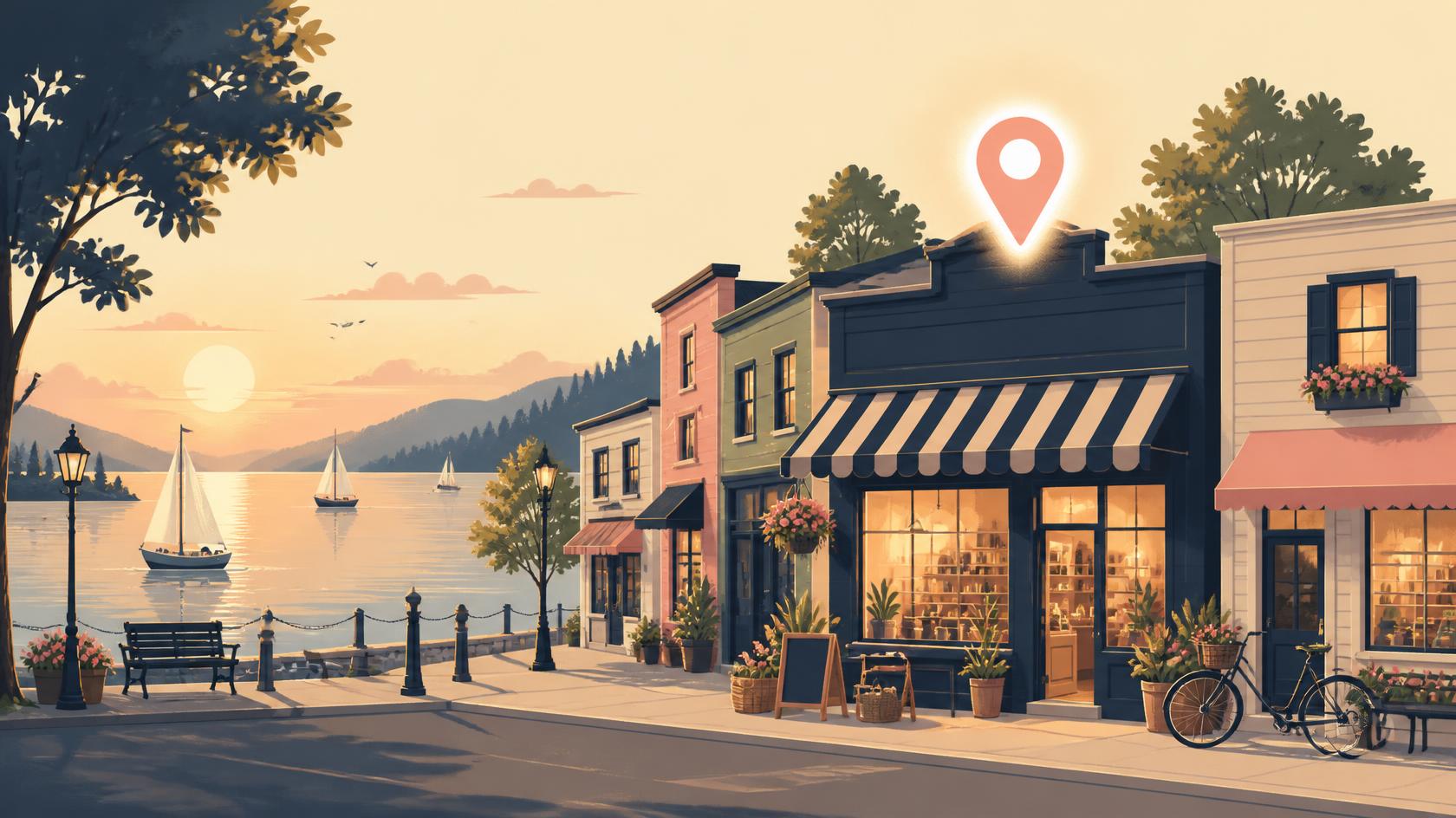 Illustration of a Lake Norman waterfront storefront street at sunset with a map pin above a local shop