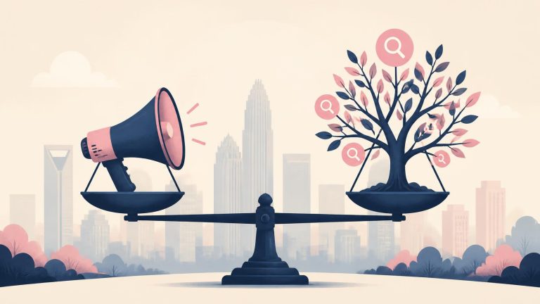 Illustration of a balance scale weighing a paid ads megaphone against an organic search tree