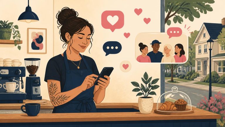 Illustration of a local coffee shop owner posting to social media with hearts and comment bubbles from neighbors