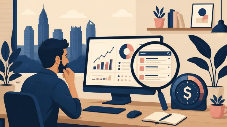 Illustration of a small business owner reviewing a PPC ad dashboard with a budget dial and Charlotte skyline