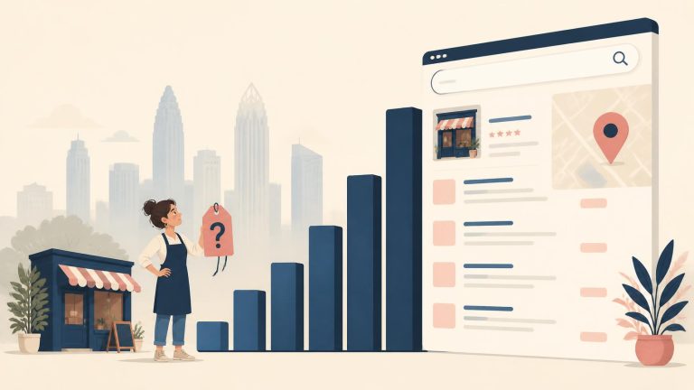 Illustration of a rising bar chart leading to a local search results page with a map pin